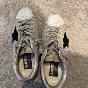 Golden Goose Super-Star Sneakers in White, Gray & Black Star